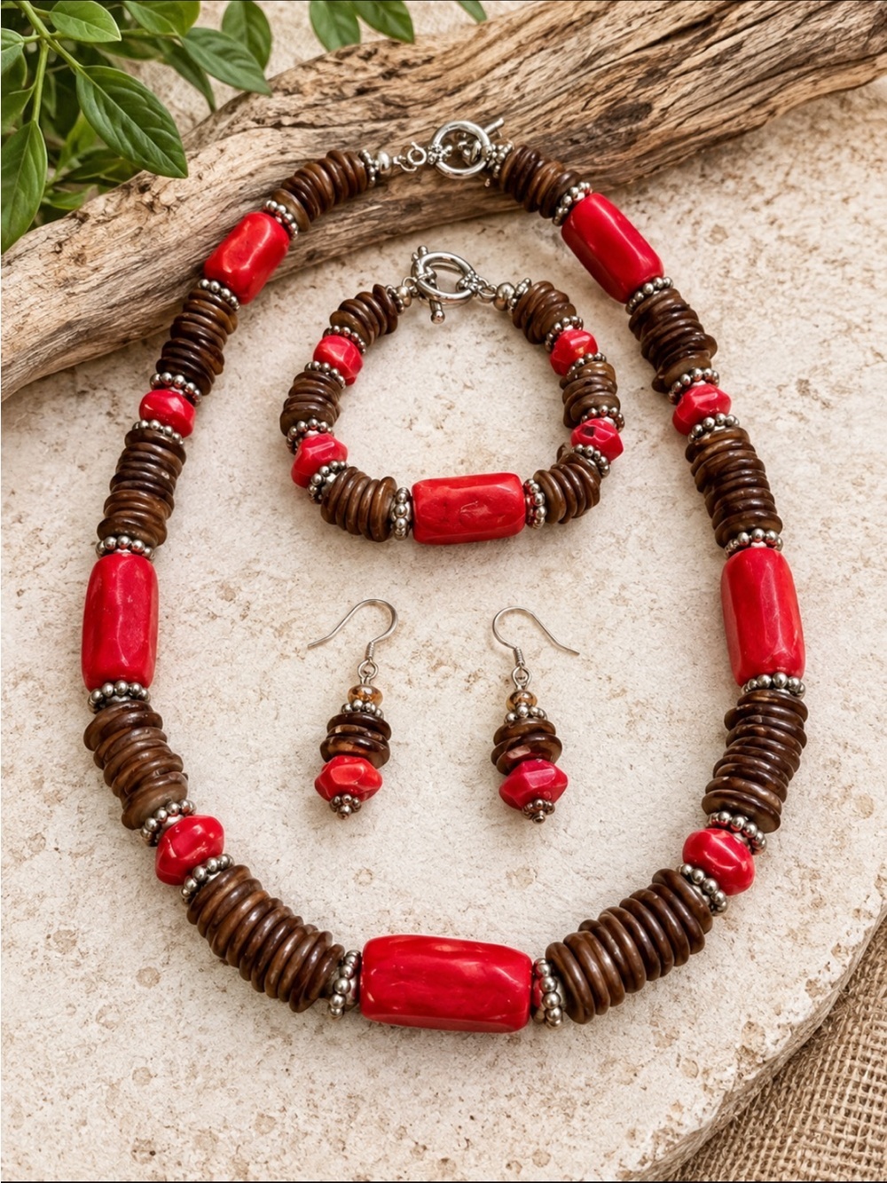 Coral Bamboo and Brown Shell Necklace Handmade Set - Picture 2 of 8